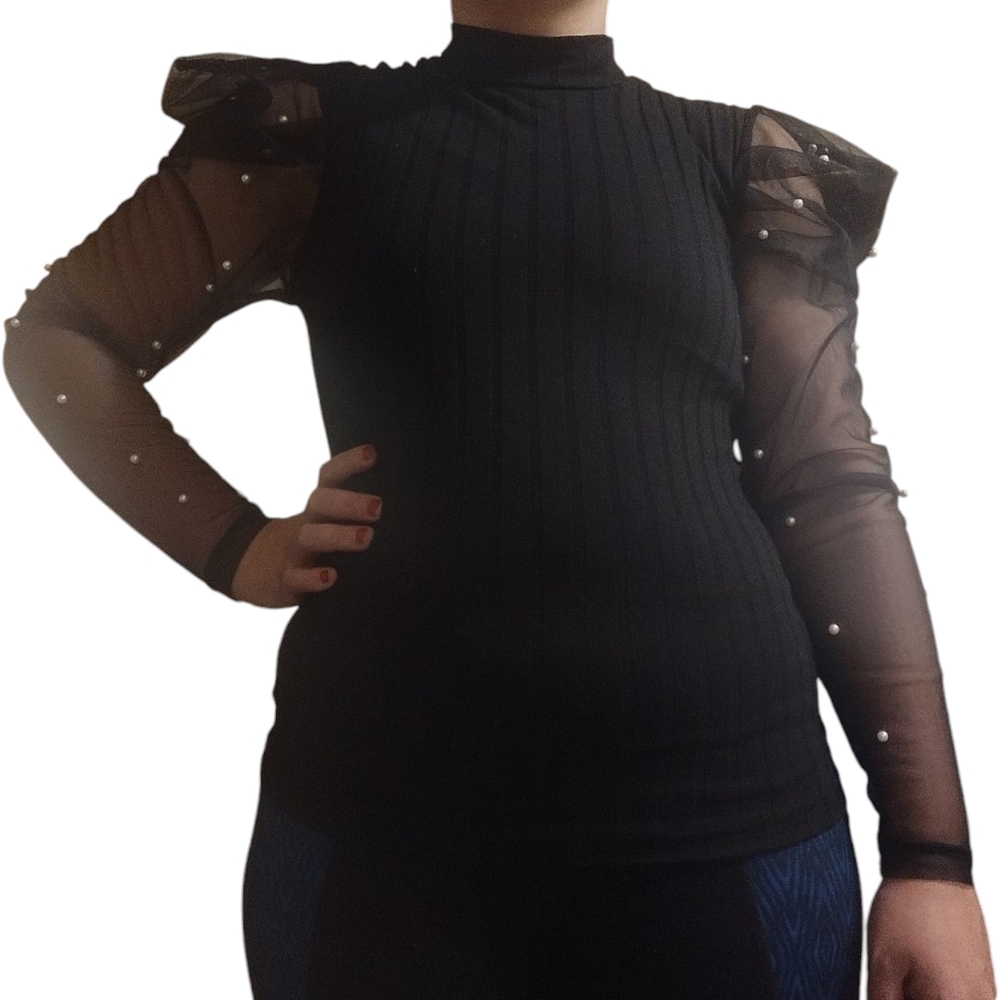 Elegant Black Sheer Long Sleeve Top W/ Embellishments On The Sleeves Size Small!